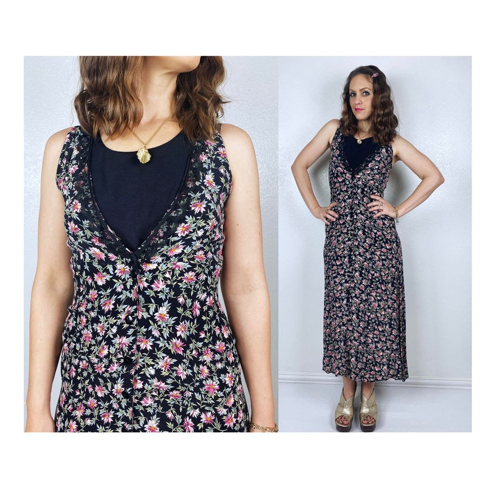 vintage 90s Black FLORAL PRINT lace Maxi DRESS xs/s cottage core grunge coquette